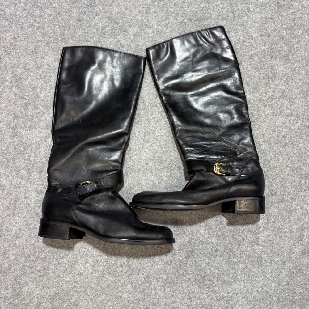 Etienne Aigner Legacy Black Leather Tall Riding Boots Gold Buckle 7.5W Brazil